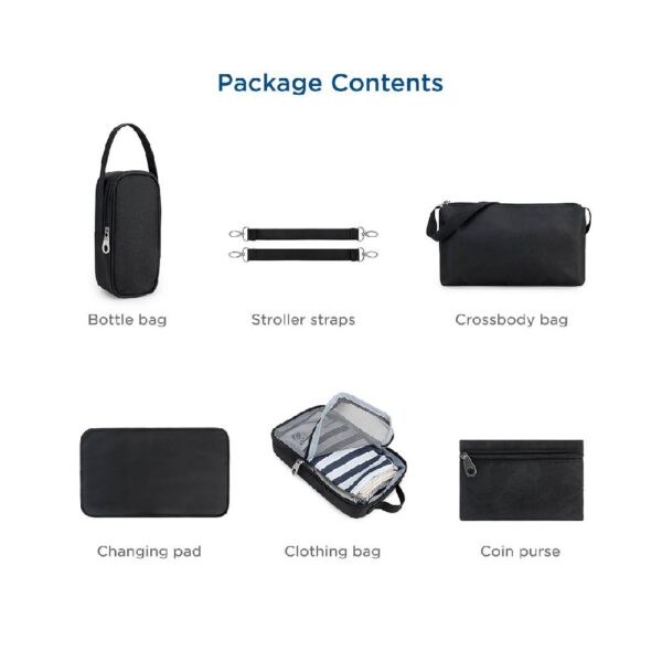 Little Story Set of 7 – Quilted Diaper Bag with Stroller Straps and Changing Mat – Black