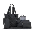 Little Story Set of 7 – Quilted Diaper Bag with Stroller Straps and Changing Mat – Black