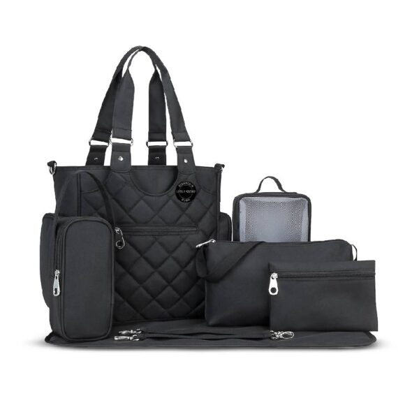 Little Story Set of 7 – Quilted Diaper Bag with Stroller Straps and Changing Mat – Black