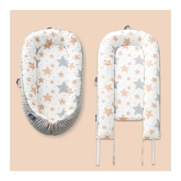 Little Story Newborn Lounger Bed – Soft Breathable, 100% Cotton Cover, Fiberfill, Adjustable Size, Extra Cushioning, Portable – 0-8 Months – Galaxy Grey