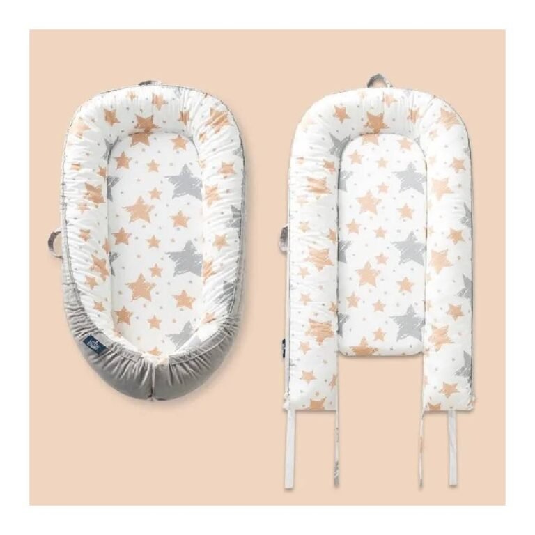 Little Story Newborn Lounger Bed - Soft Breathable, 100% Cotton Cover, Fiberfill, Adjustable Size, Extra Cushioning, Portable - 0-8 Months - Galaxy Grey