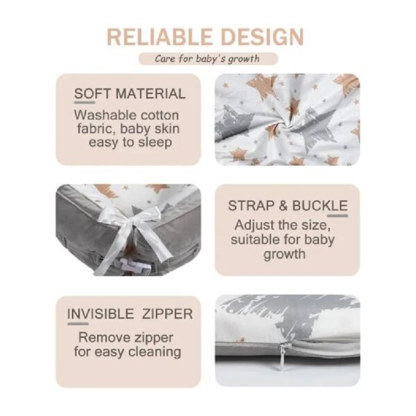 Little Story Newborn Lounger Bed – Soft Breathable, 100% Cotton Cover, Fiberfill, Adjustable Size, Extra Cushioning, Portable – 0-8 Months – Galaxy Grey