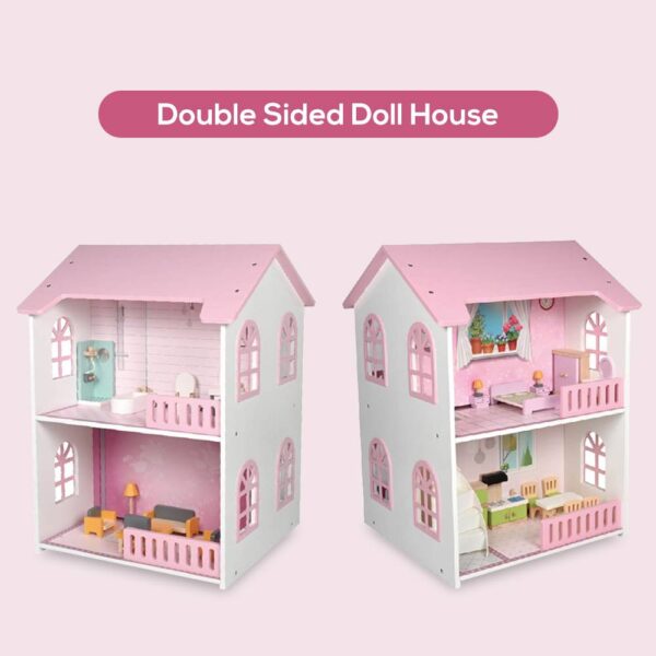Little Story Wooden Dollhouse 2 floor Villa with Furniture & Accessories – Pink