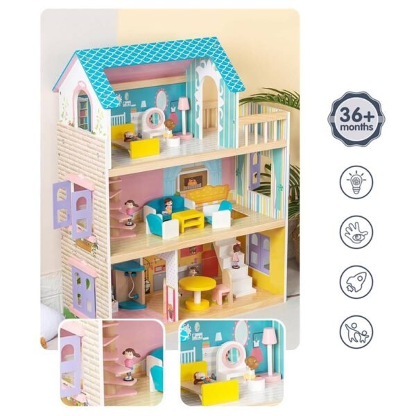 Little Story – Wooden Dollhouse 3 floors w/ Furniture, Accessories & Dolls – Multicolor