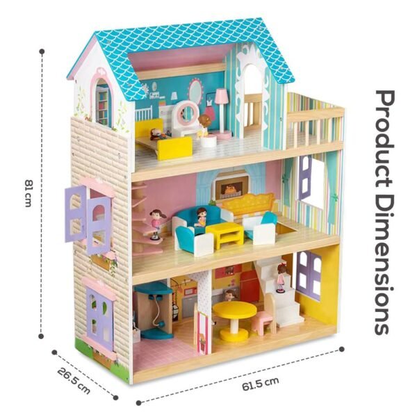 Little Story – Wooden Dollhouse 3 floors w/ Furniture, Accessories & Dolls – Multicolor