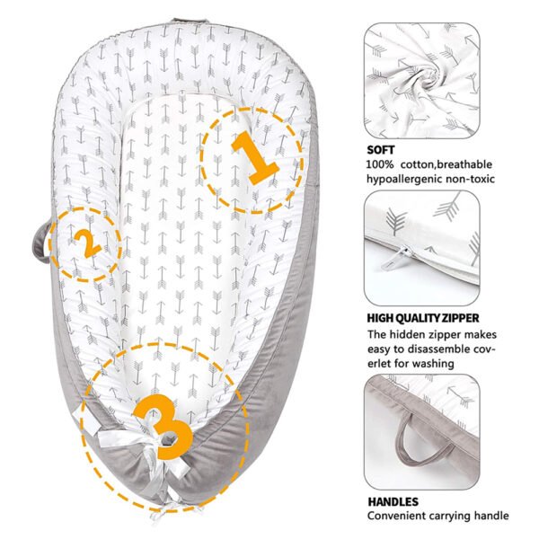 Little Story – Soft Breathable Fiberfill Newborn Lounger Bed – Arrow Grey