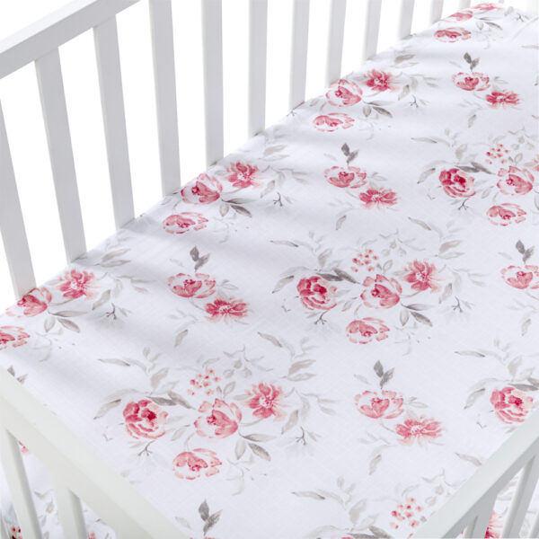 Nini Baby Crib/Cot Fitted Sheet – 100% Muslin Cotton, Up to 70×140 cm, Blush Rose
