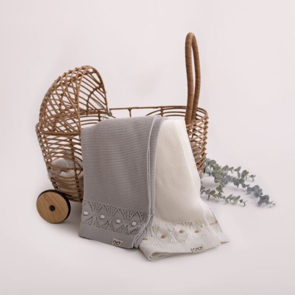 Nini Baby – Organic Cotton Knitted Blanket, Elegant Trim, Antibacterial Finish – Mist Grey, 0-36 Months