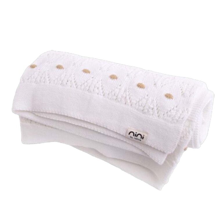 Nini Baby - Organic Cotton Knitted Blanket, Elegant Trim, Antibacterial Finish - Snow White, 0-36 Months