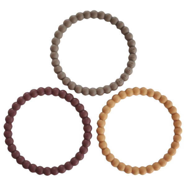 Mushie – Silicone Pearl Teether Bracelets Berry/Marigold/Khaki