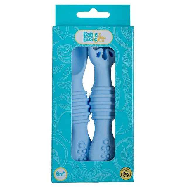 Babies Basic - Soft Tip BPA Free Silicone First Stage Training Spoon with Masher- Sky Blue