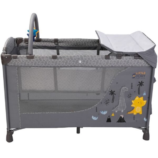 Little Story Foldable 2-in-1 Cot & Playard with Changing Station and Organizer, Safety Sides, Wheels – Grey