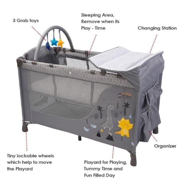 Little Story Foldable 2-in-1 Cot & Playard with Changing Station and Organizer, Safety Sides, Wheels – Grey