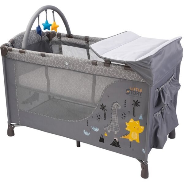 Little Story Foldable 2-in-1 Cot & Playard with Changing Station and Organizer, Safety Sides, Wheels – Grey