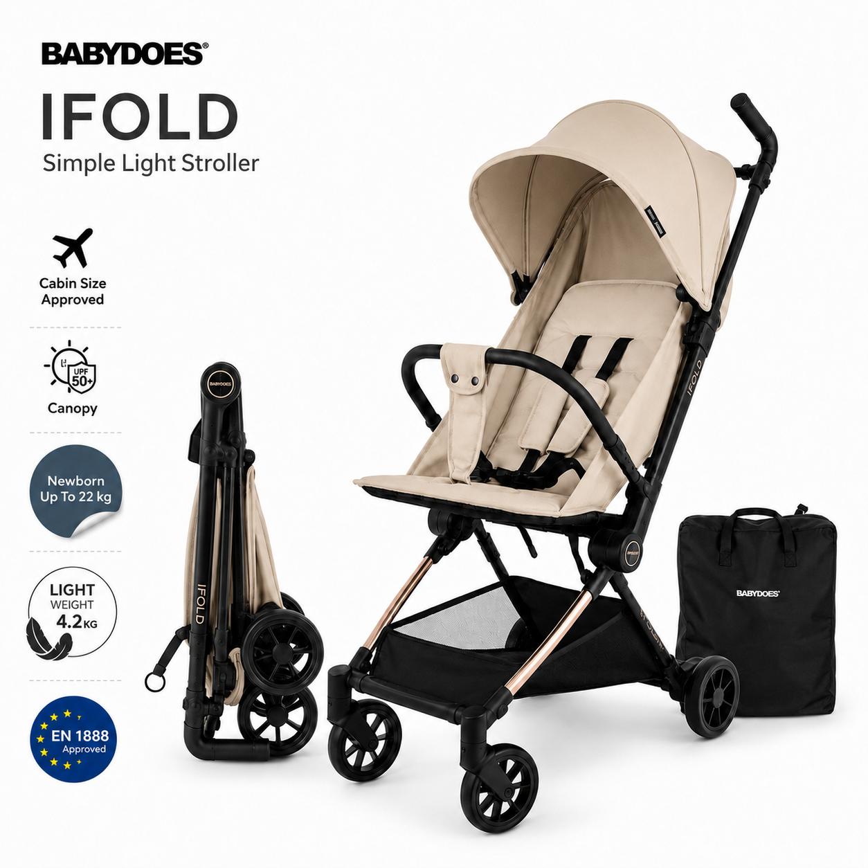 Babydoes iFold - Ultra-lightweight stroller, Cabin-Size Approved, Quick Fold, 5-Point Harness, 0 to 3 Y (22 kg), Beige
