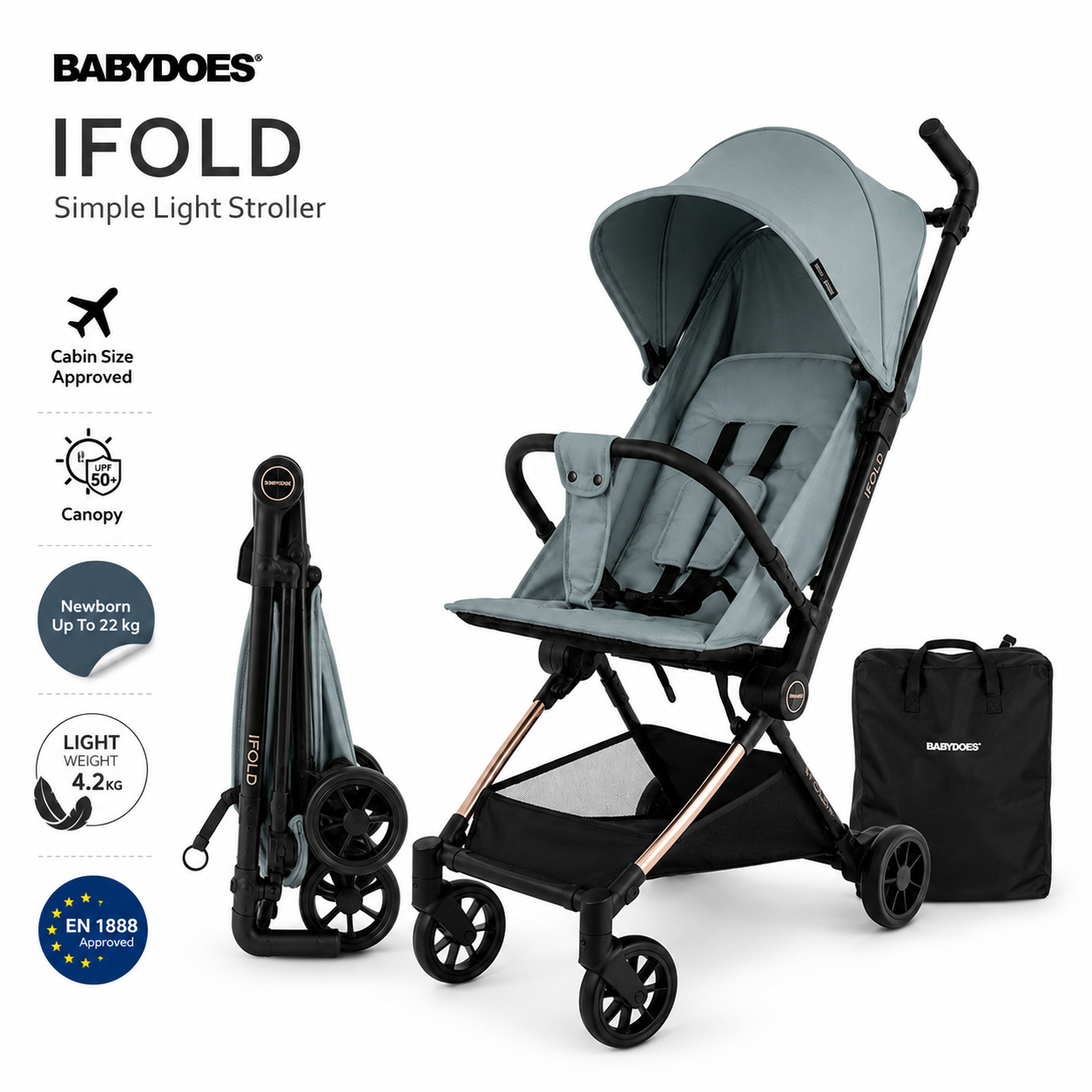 Babydoes iFold - Ultra-lightweight stroller, Cabin-Size Approved, Quick Fold, 5-Point Harness, 0 to 3 Y (22 kg), Green
