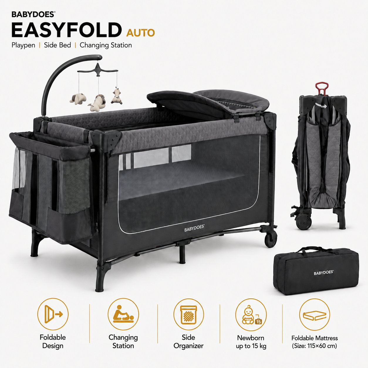 Babydoes - Easyfold Auto - 5-in-1 Multi-Use, Portable Playard & Foldable Travel Bed, 0-3 Years, Dark Grey