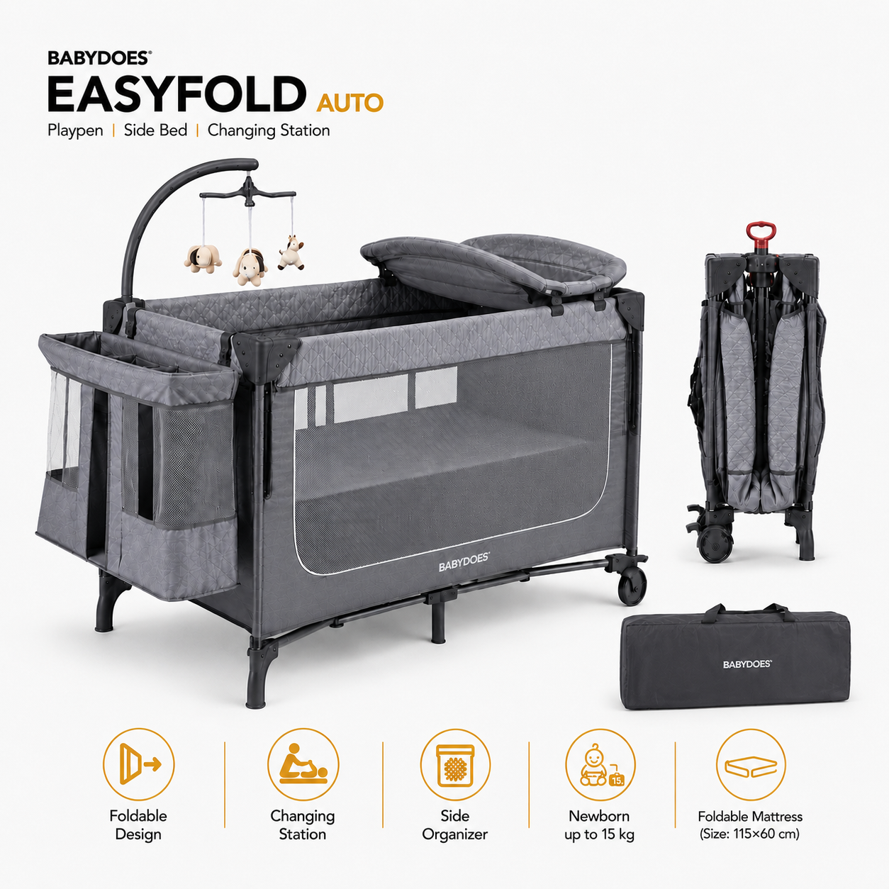 Babydoes - Easyfold Auto -  5-in-1 Multi-Use, Portable Playard & Foldable Travel Bed, 0-3 Years, Light Grey