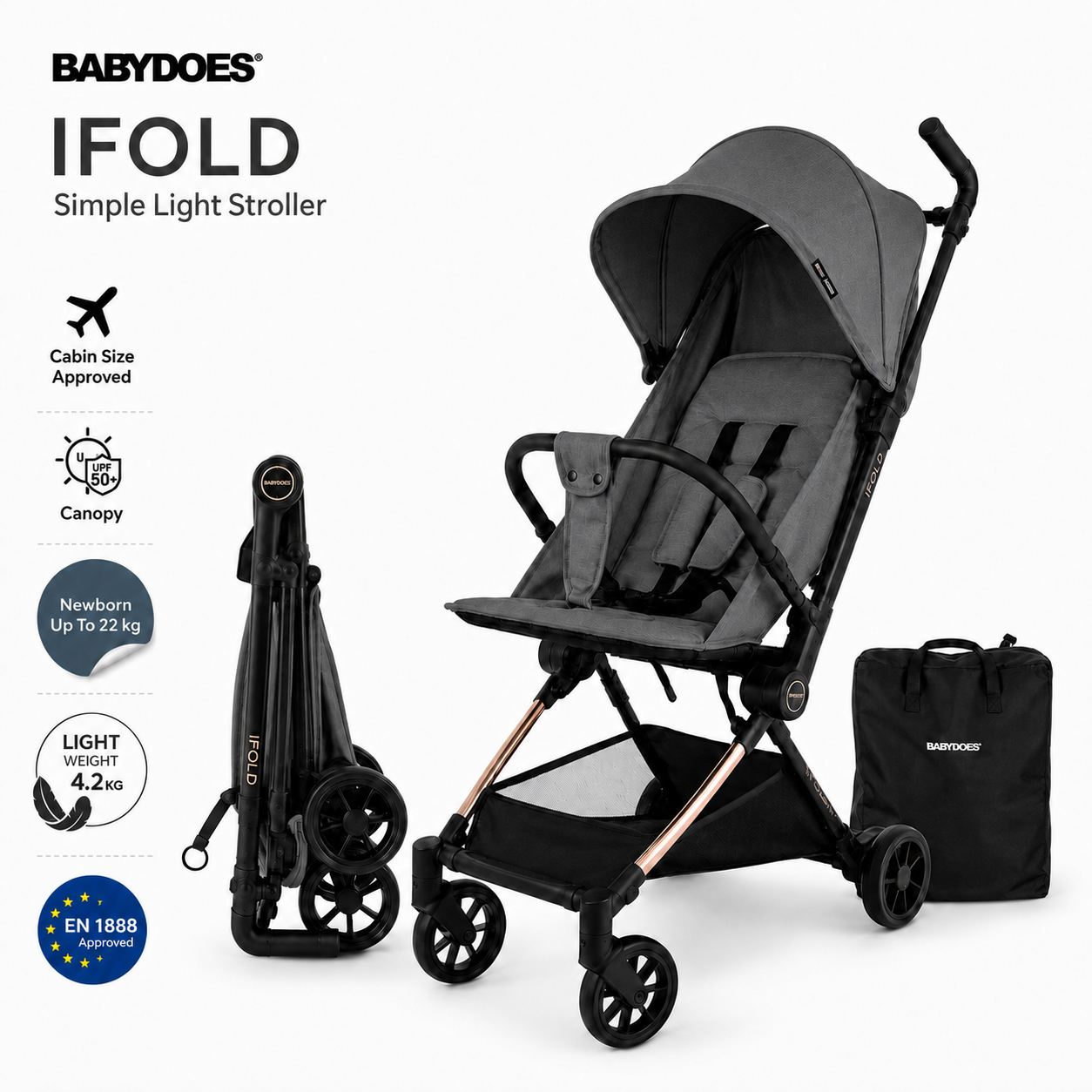 Babydoes iFold - Ultra-lightweight stroller, Cabin-Size Approved, Quick Fold, 5-Point Harness, 0 to 3 Y (22 kg), Grey