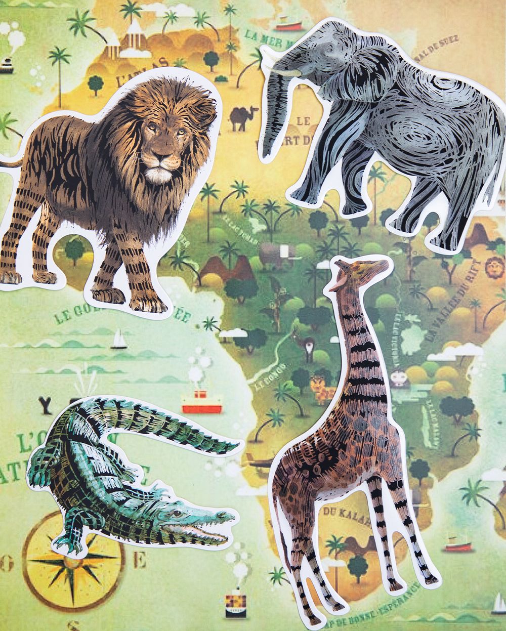 Avenir - Natural Creation Scratch Safari Animals Stickers – Lion, Elephant, Giraffe, Crocodile