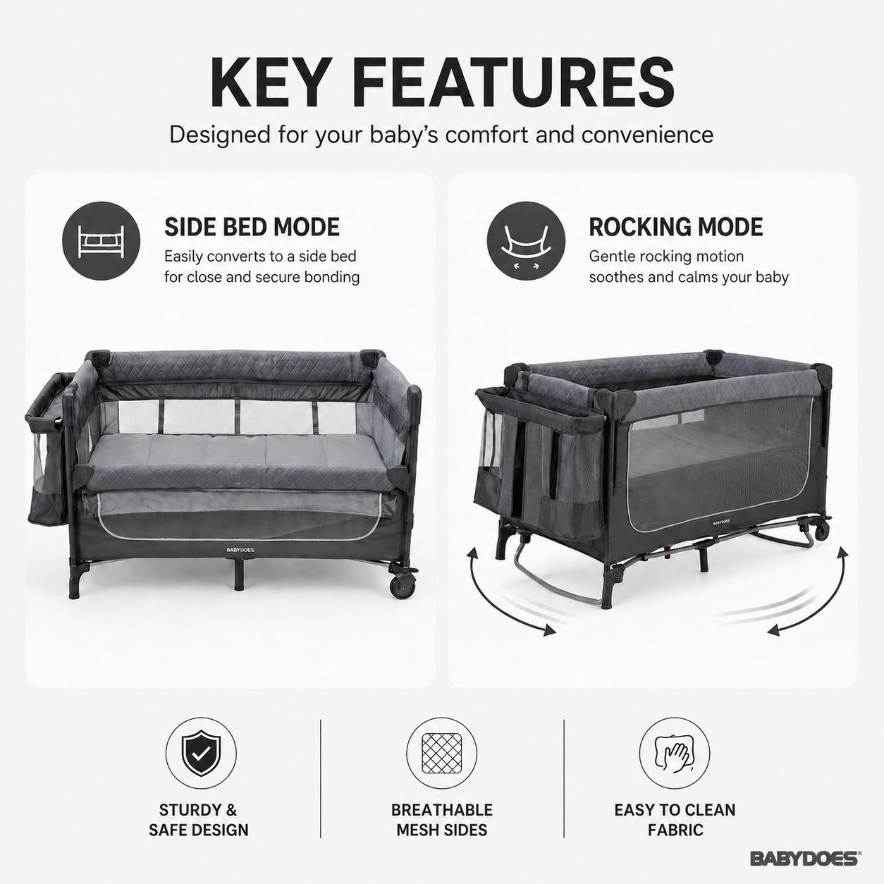 Babydoes - Easyfold Auto - 5-in-1 Multi-Use, Portable Playard & Foldable Travel Bed, 0-3 Years, Dark Grey