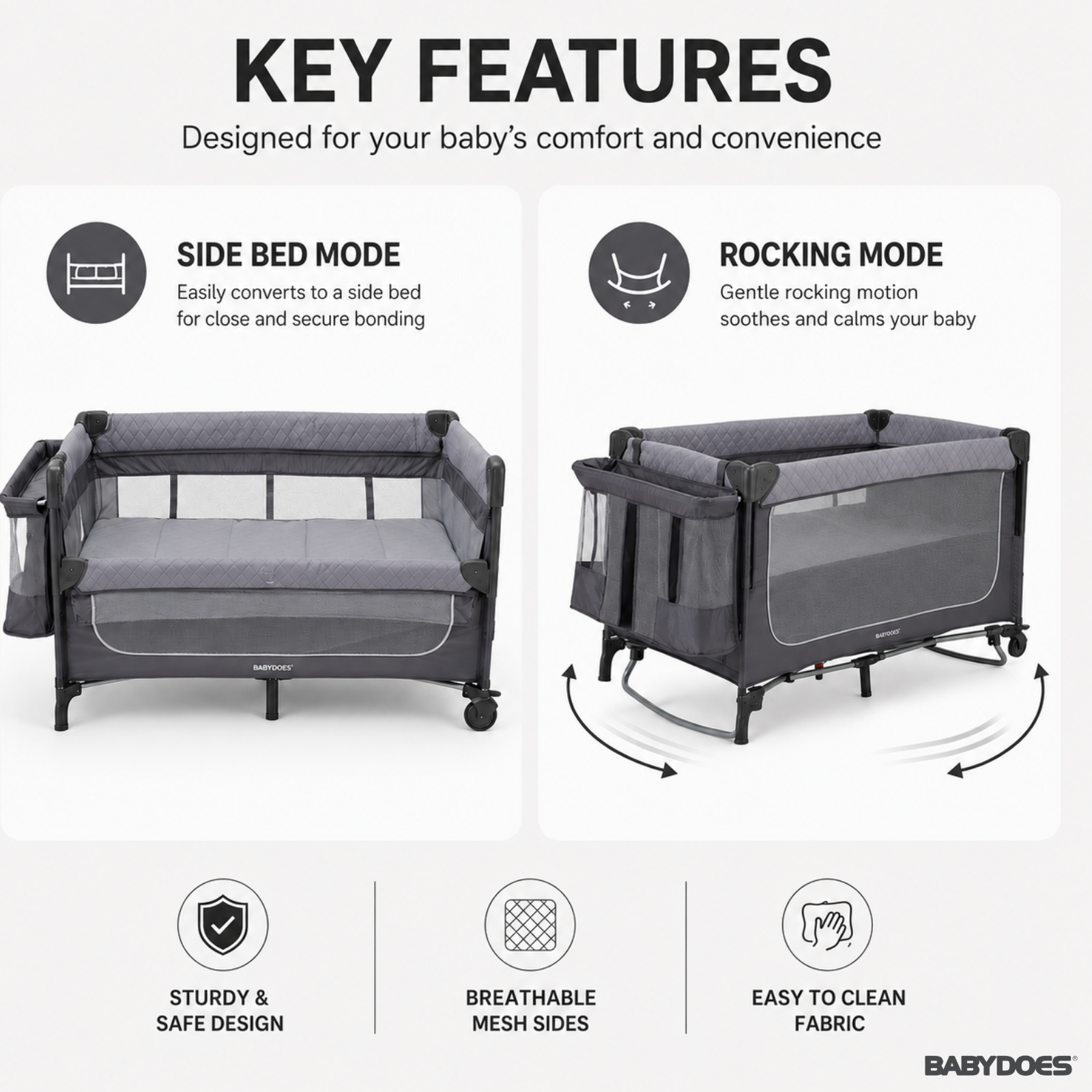 Babydoes - Easyfold Auto -  5-in-1 Multi-Use, Portable Playard & Foldable Travel Bed, 0-3 Years, Light Grey