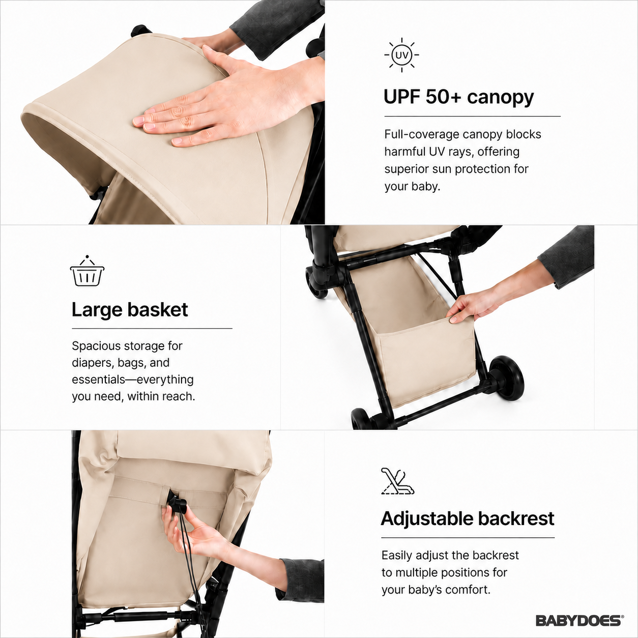 Babydoes iFold - Ultra-lightweight stroller, Cabin-Size Approved, Quick Fold, 5-Point Harness, 0 to 3 Y (22 kg), Beige