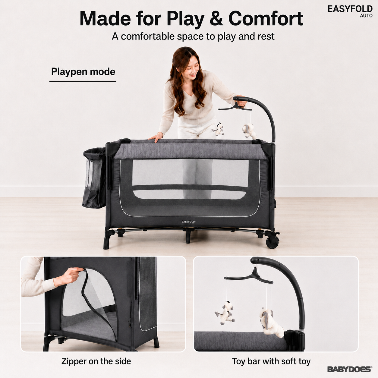 Babydoes - Easyfold Auto - 5-in-1 Multi-Use, Portable Playard & Foldable Travel Bed, 0-3 Years, Dark Grey