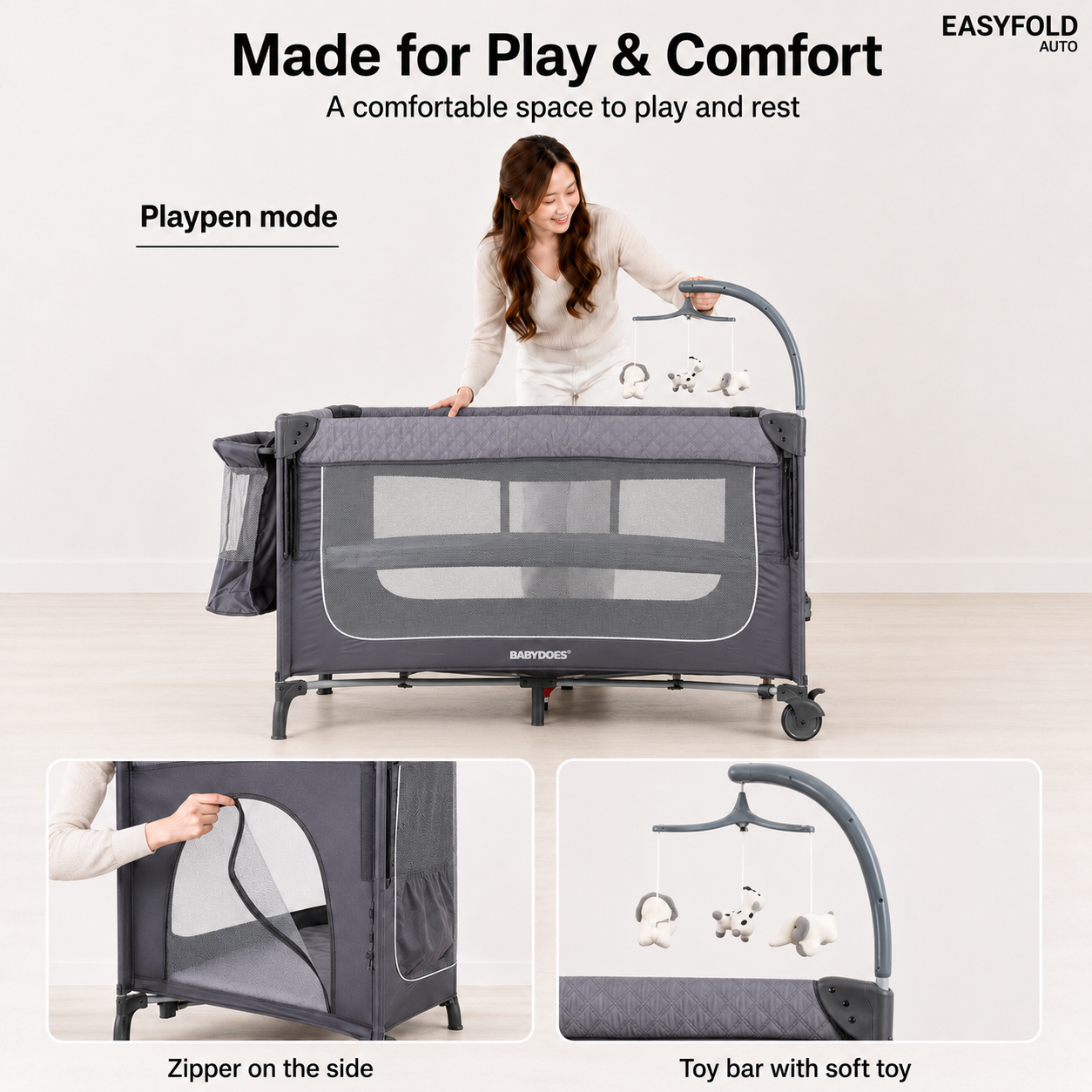 Babydoes - Easyfold Auto -  5-in-1 Multi-Use, Portable Playard & Foldable Travel Bed, 0-3 Years, Light Grey