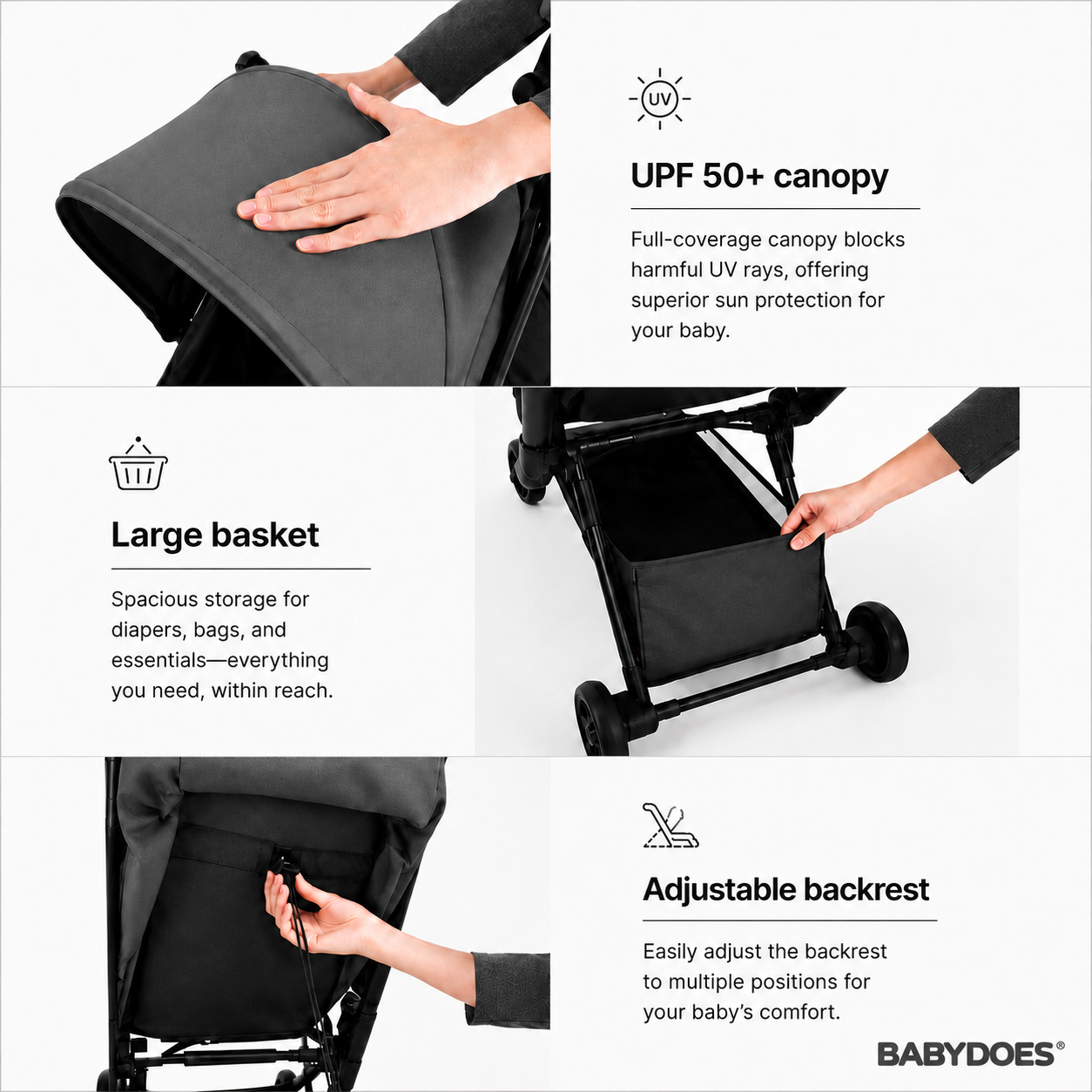 Babydoes iFold - Ultra-lightweight stroller, Cabin-Size Approved, Quick Fold, 5-Point Harness, 0 to 3 Y (22 kg), Grey