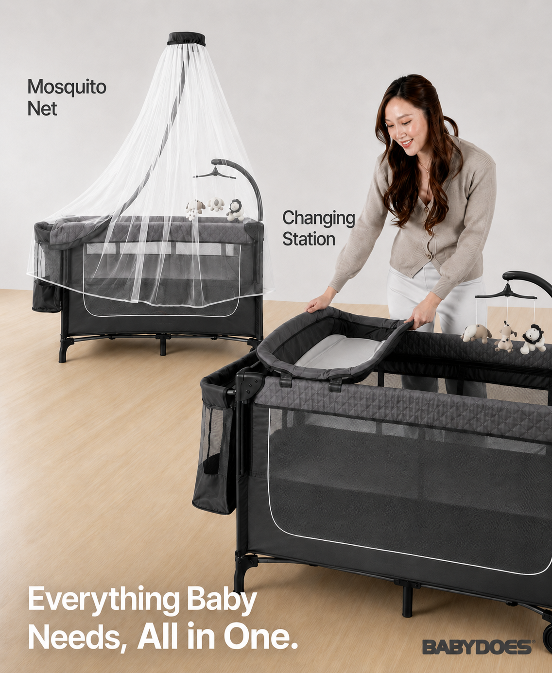 Babydoes – Easyfold Auto – 5-in-1 Multi-Use, Portable Playard & Foldable Travel Bed, 0-3 Years, Dark Grey