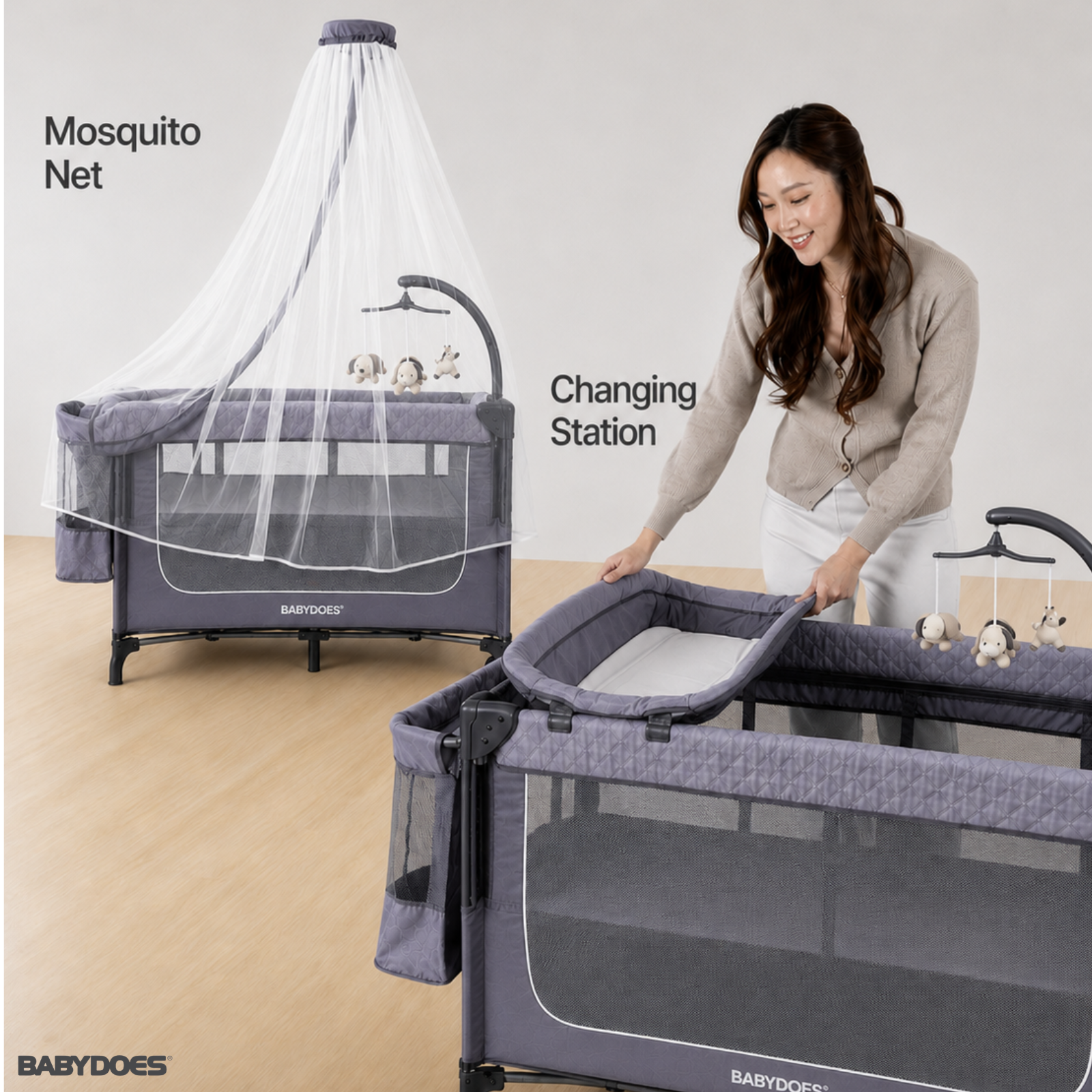 Babydoes – Easyfold Auto –  5-in-1 Multi-Use, Portable Playard & Foldable Travel Bed, 0-3 Years, Light Grey