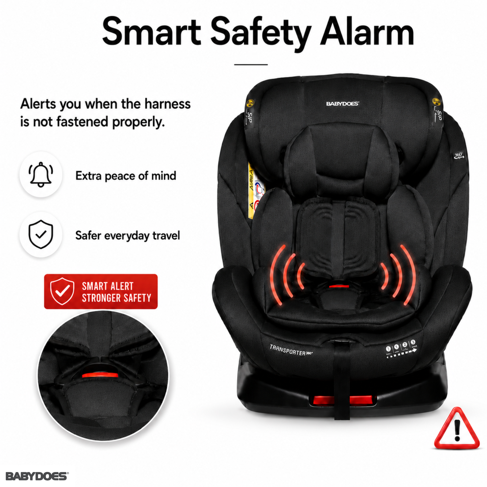 Babydoes Transporter 360° – Rotating Baby Car Seat with ISOFIX, Smart Safety Alarm, 0-12 Years, Up to 36 kg, Black