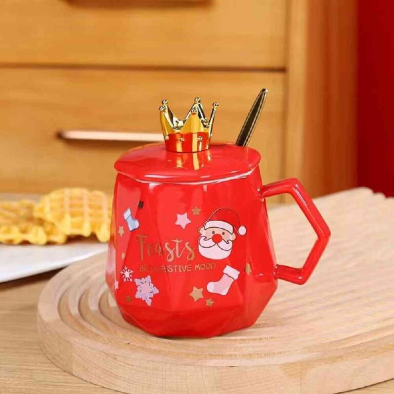 UKR - Christmas Red Festive Mug with Spoon Modern Design With Santa Face