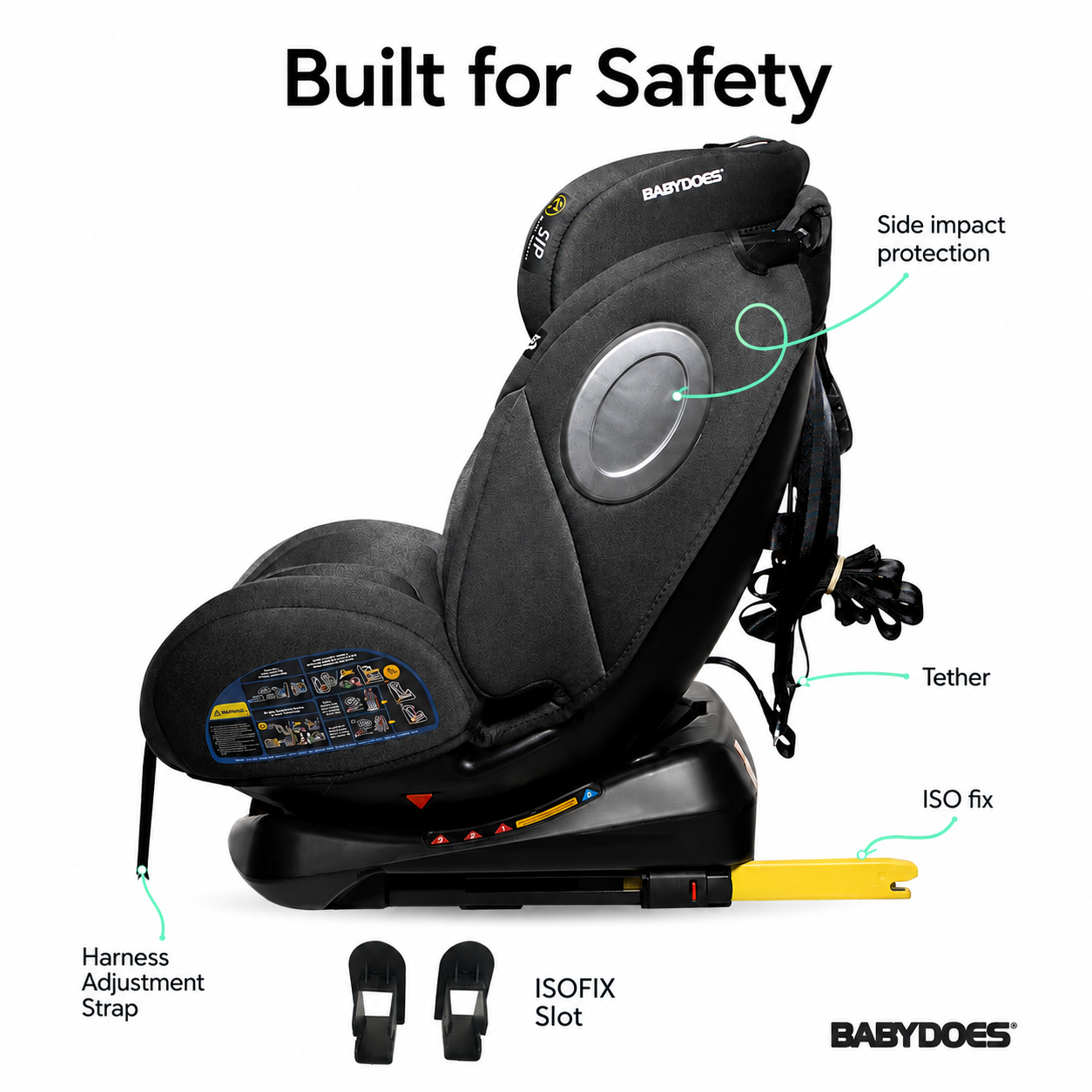 Babydoes Transporter 360° – Rotating Baby Car Seat with ISOFIX, Smart Safety Alarm, 0-12 Years, Up to 36 kg, Black
