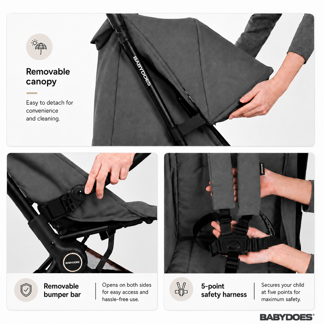 Babydoes iFold – Ultra-lightweight stroller, Cabin-Size Approved, Quick Fold, 5-Point Harness, 0 to 3 Y (22 kg), Grey