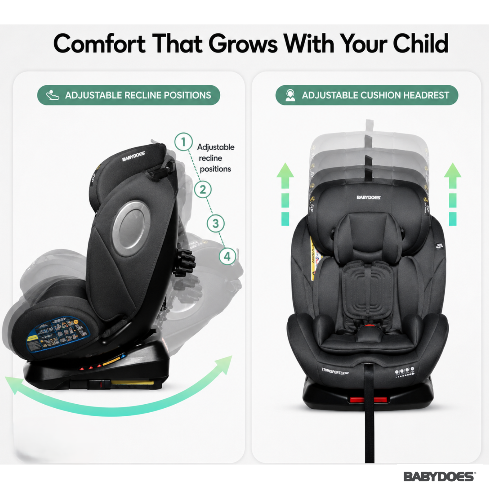 Babydoes Transporter 360° – Rotating Baby Car Seat with ISOFIX, Smart Safety Alarm, 0-12 Years, Up to 36 kg, Black