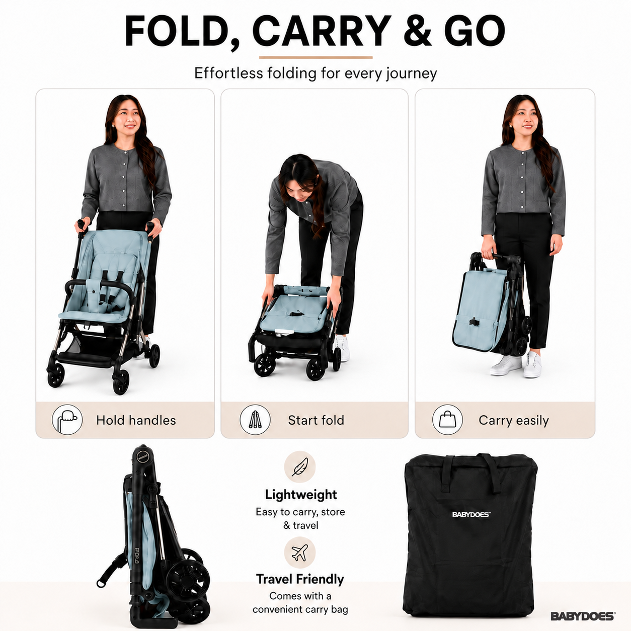 Babydoes iFold – Ultra-lightweight stroller, Cabin-Size Approved, Quick Fold, 5-Point Harness, 0 to 3 Y (22 kg), Green