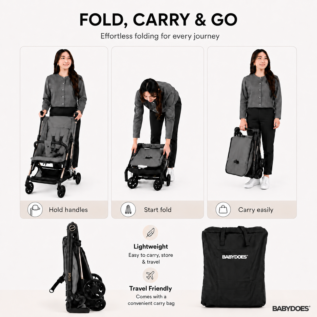Babydoes iFold – Ultra-lightweight stroller, Cabin-Size Approved, Quick Fold, 5-Point Harness, 0 to 3 Y (22 kg), Grey