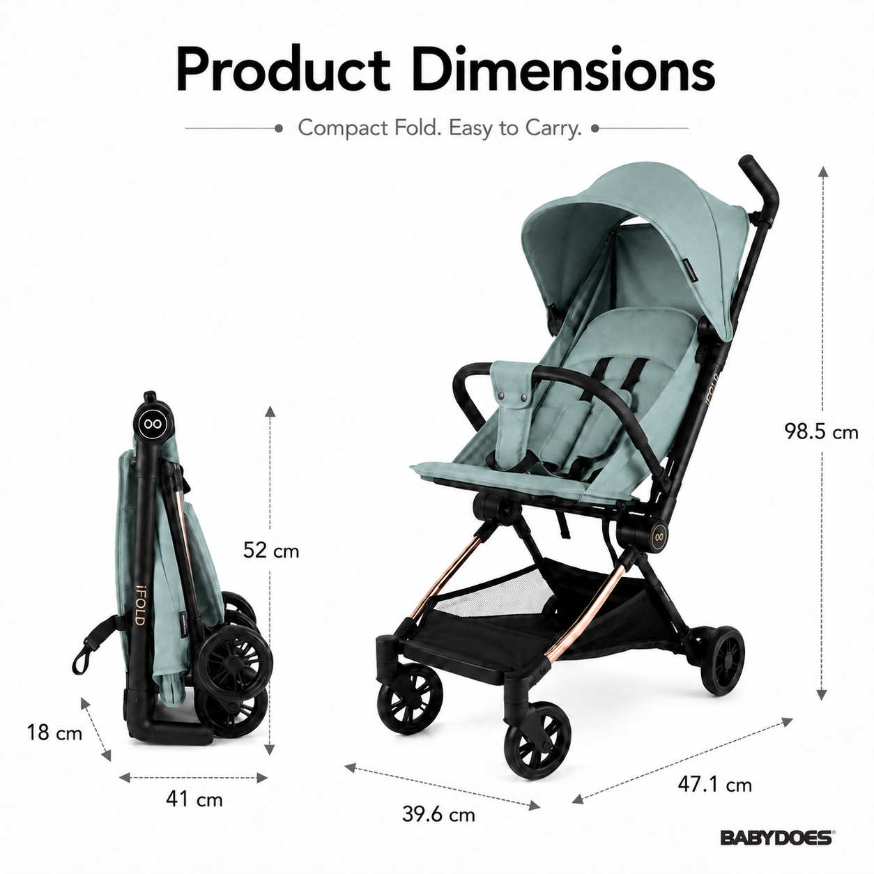 Babydoes iFold – Ultra-lightweight stroller, Cabin-Size Approved, Quick Fold, 5-Point Harness, 0 to 3 Y (22 kg), Green