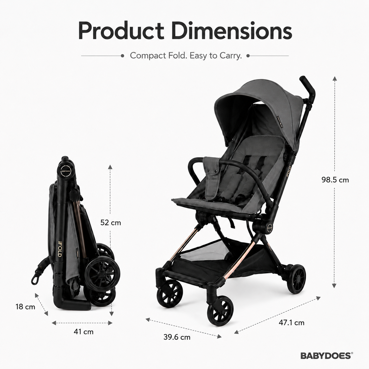 Babydoes iFold – Ultra-lightweight stroller, Cabin-Size Approved, Quick Fold, 5-Point Harness, 0 to 3 Y (22 kg), Grey