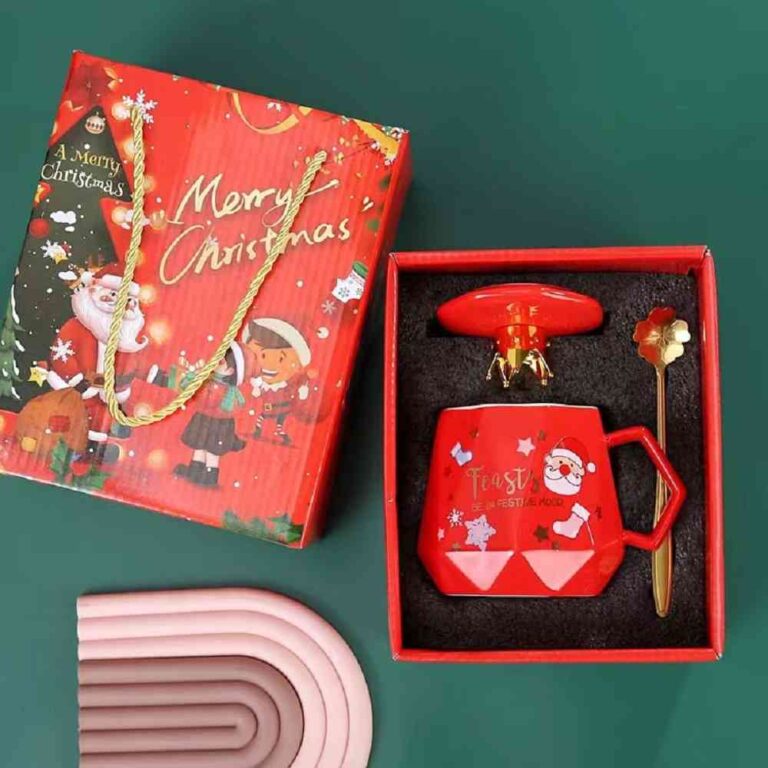UKR - Christmas Red Festive Mug with Spoon Modern Design With Santa Face