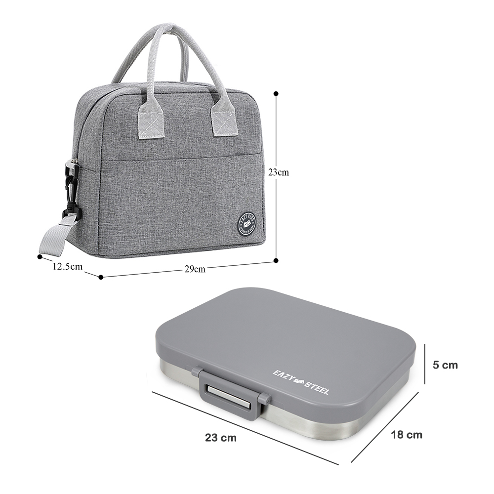 Eazy Kids – Premium Stainless Steel Lunch Box w/ Insulated Lunch Bag – Grey