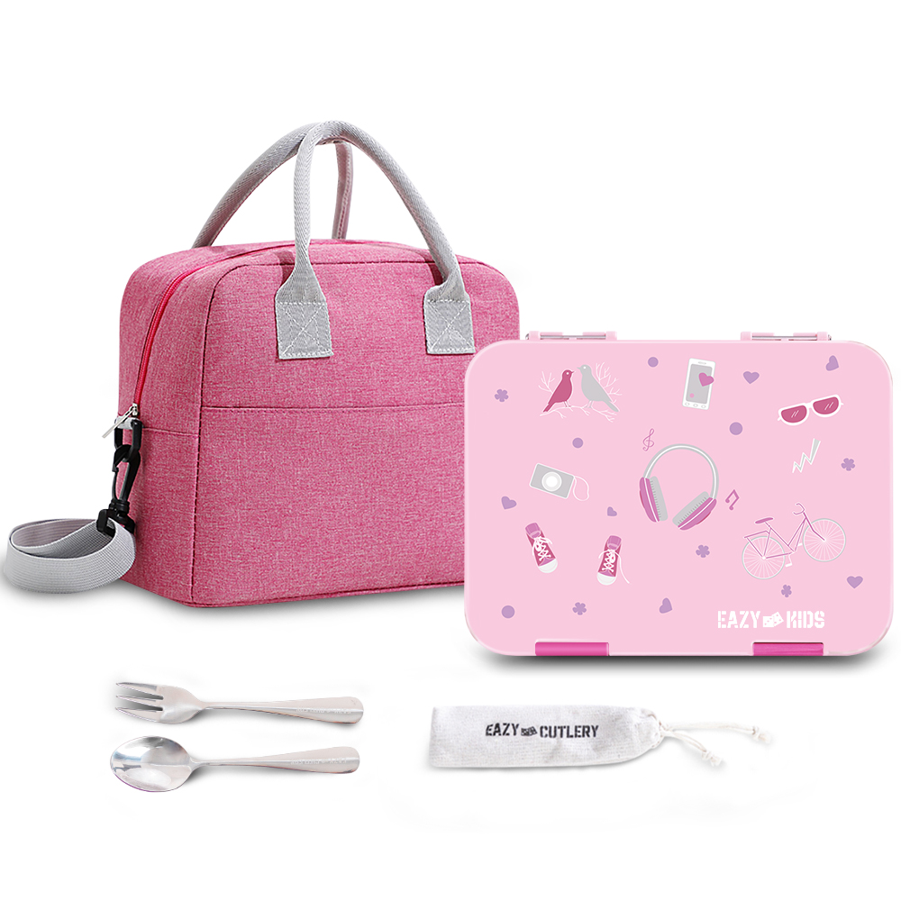 Eazy Kids - Convertible Bento Lunch Box w/ Insulated Lunch Bag-Pink