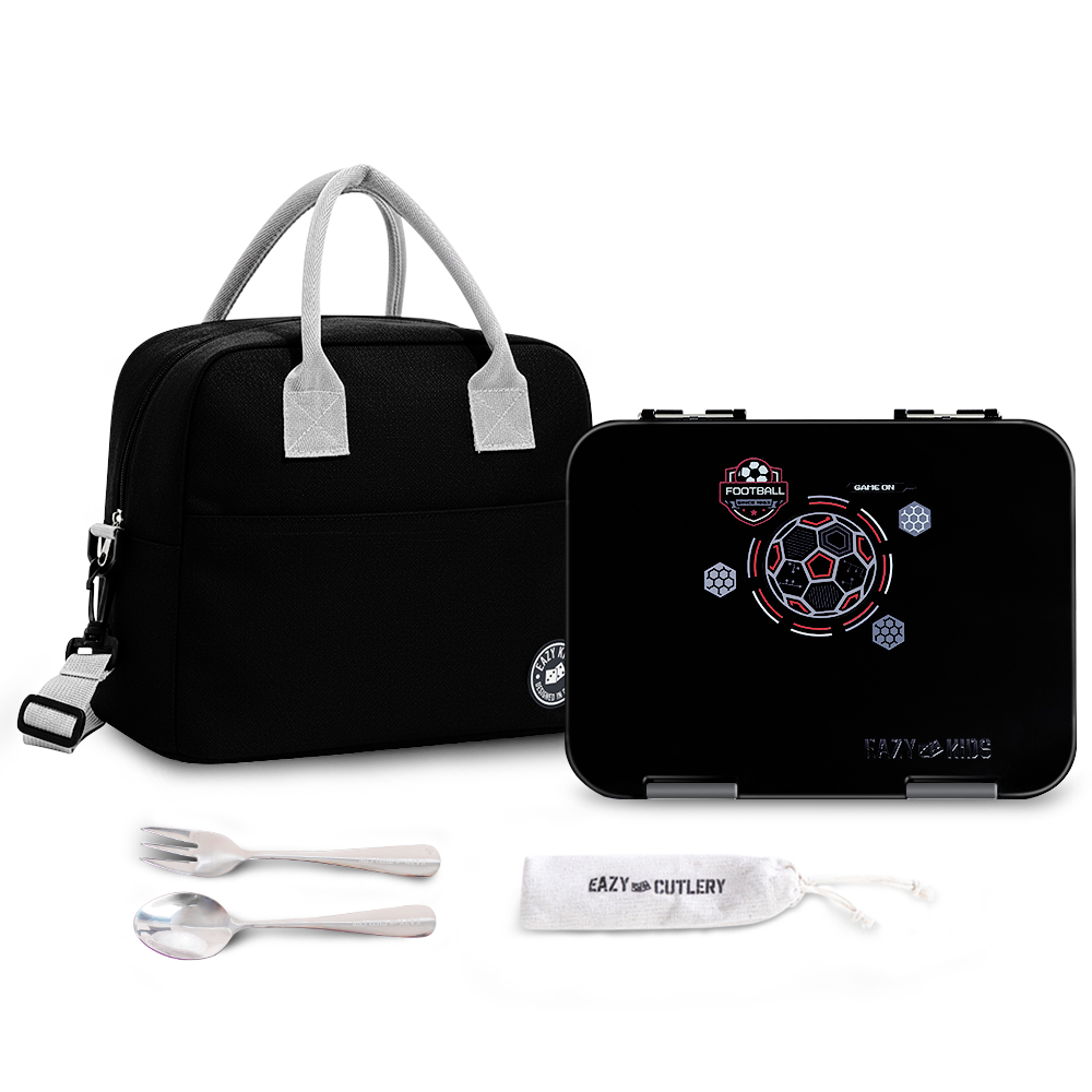 Eazy Kids - Convertible Bento Lunch Box w/ Insulated Lunch Bag – Football Black