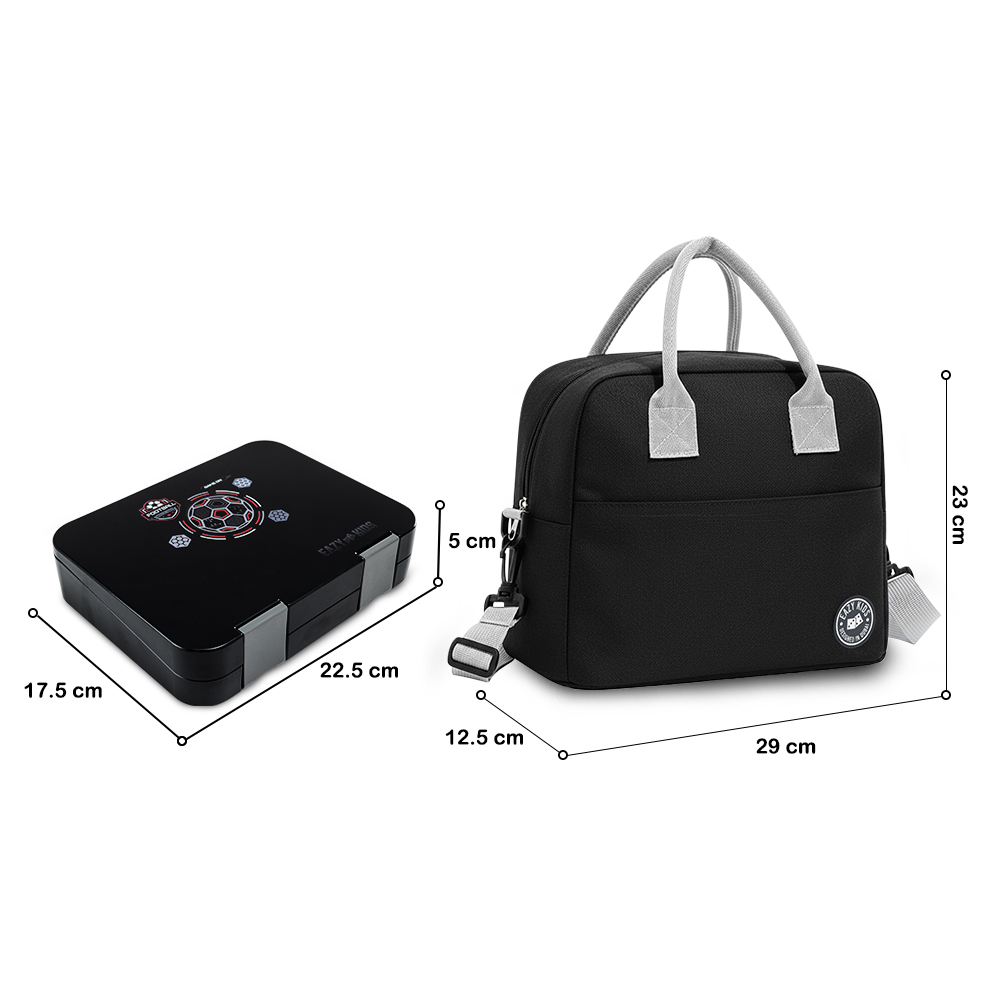 Eazy Kids – Convertible Bento Lunch Box w/ Insulated Lunch Bag – Football Black