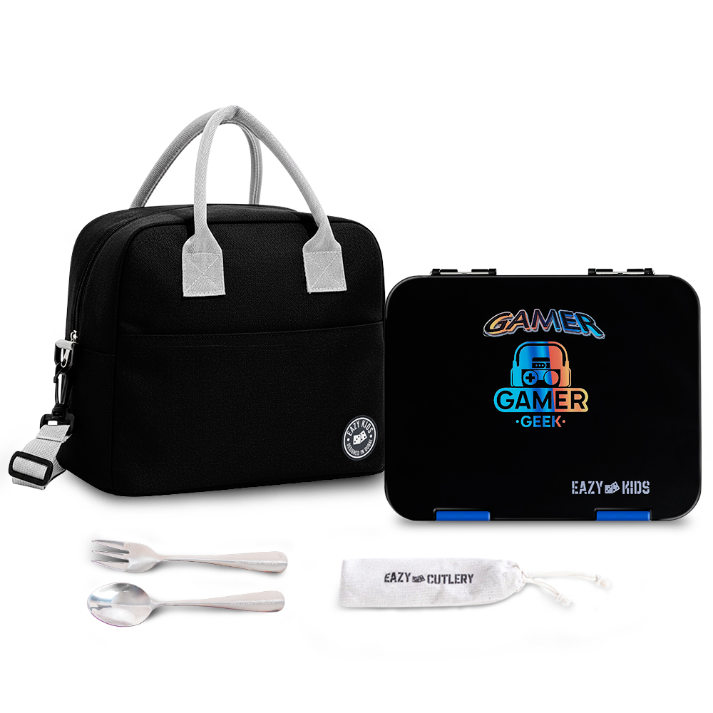 Eazy Kids Convertible Bento Lunch Box w/ Insulated Lunch Bag – Gamer Black