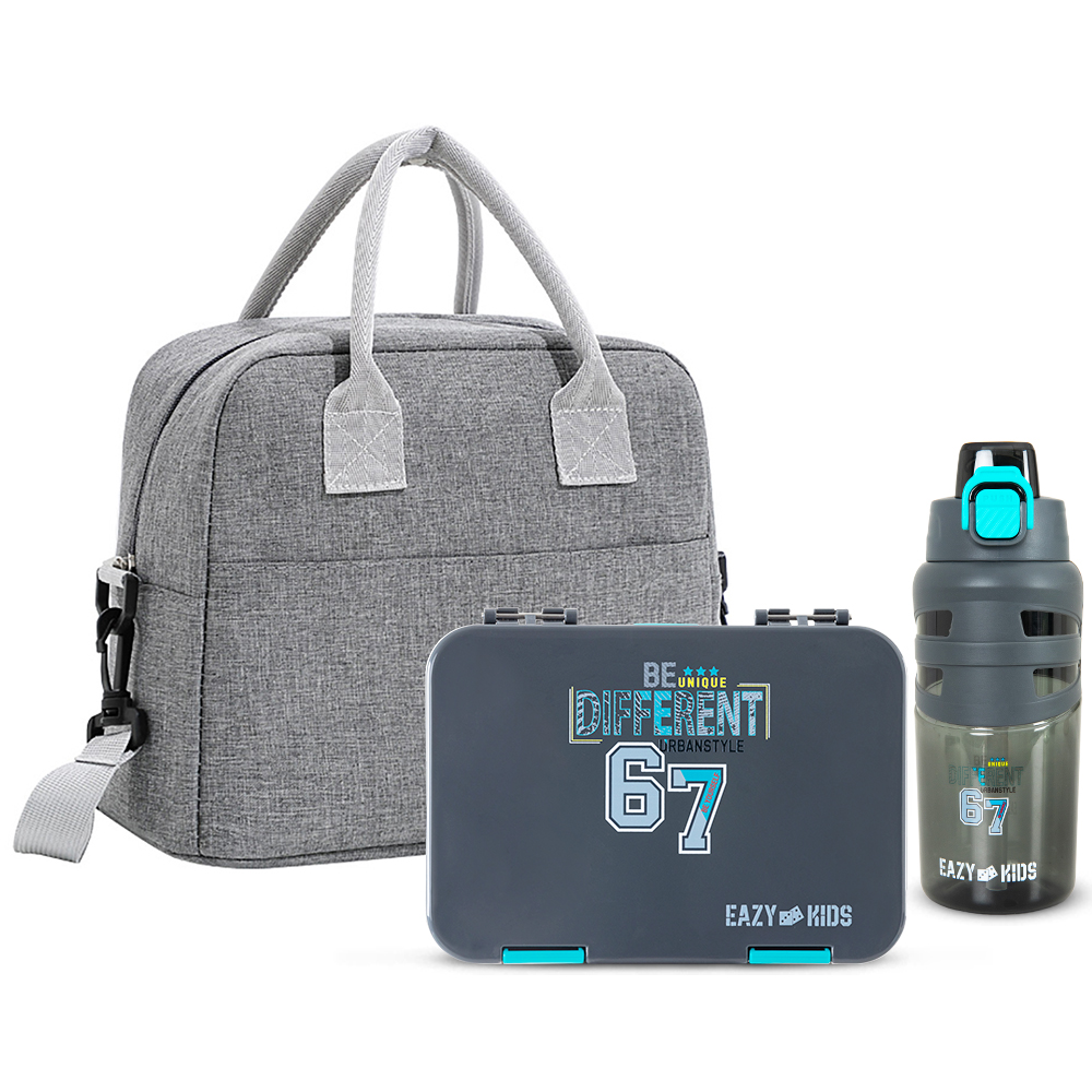 Eazy Kids - 4 Compartment Bento Lunch Box w/ Insulated Lunch Bag & Water Bottle 750ml – Urban Grey