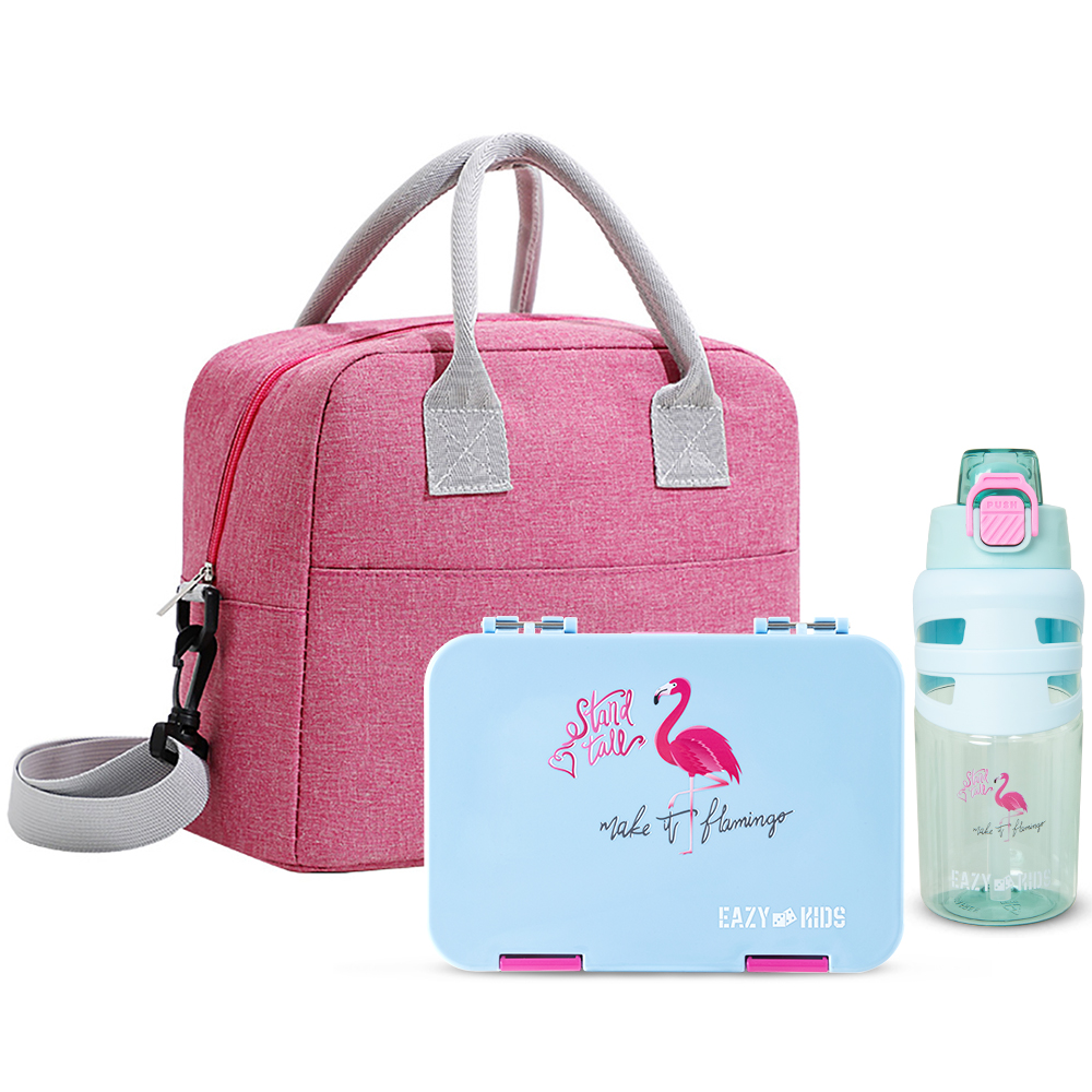 Eazy Kids - 4 Compartment Bento Lunch Box w/ Insulated Lunch Bag & Water Bottle 750ml – Flamingo Aqua