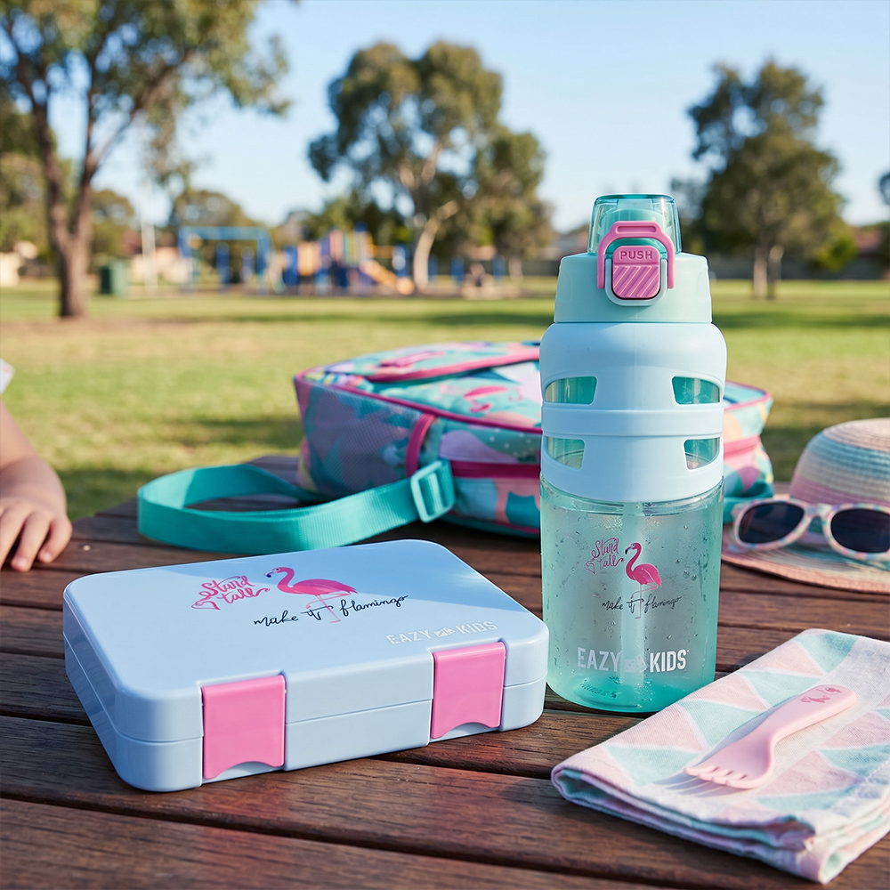 Eazy Kids - 4 Compartment Bento Lunch Box w/ Flip Top Water Bottle 750ml – Flamingo Aqua